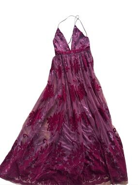 Plum Floral Embroidered Mesh Maxi Dress